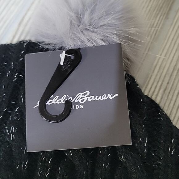 Eddie Bauer Kids Fleece Lined Cable Knit Hat, Black/Silver Threading, NWT - Picture 3 of 8